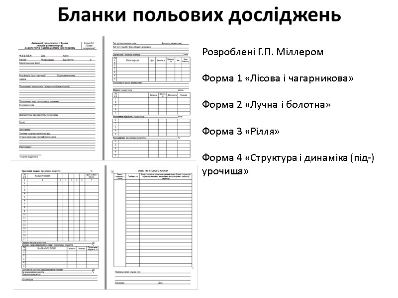 Бланки польових досліджень Розроблені Г.П. Міллером  Форма 1 «Лісова і чагарникова»  Форма